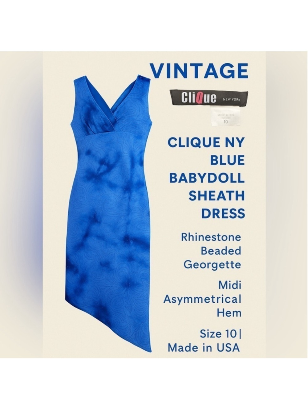 Clique USA Beaded Dress 10 [S] Asymmetric Hem Blue Rhinestones Wedding Guest - Picture 8 of 8